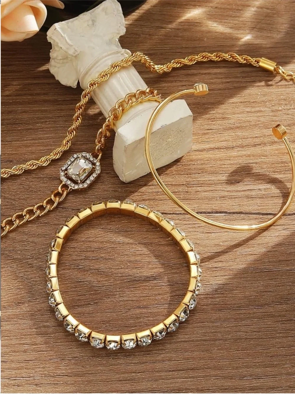 New 24k Gold Plated Crystal 4-Piece Bracelet Stack